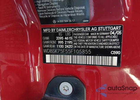 2005 Mercedes-Benz Sl 500 z USA, uszkodzony, nr VIN WDBSK75F55F105855